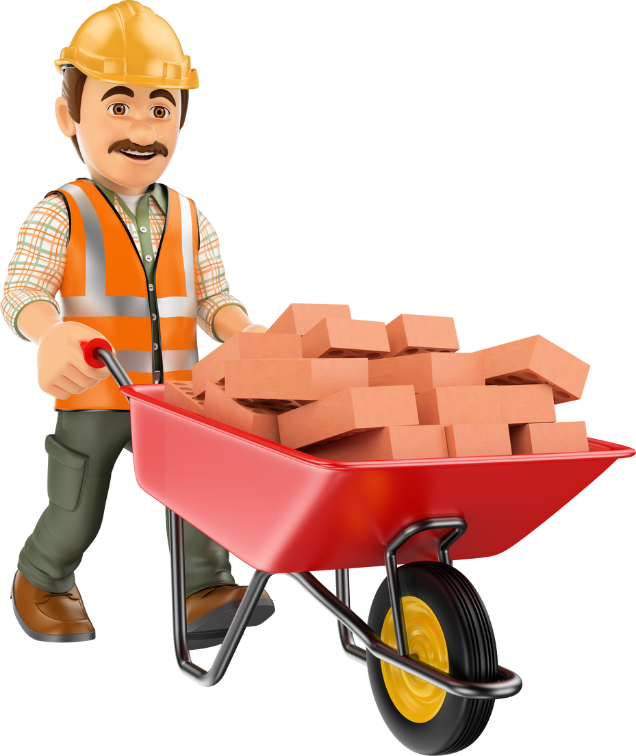 3D Construction Worker with a Wheelbarrow